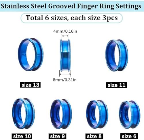 SUNNYCLUE 1 Box 18Pcs Inlay Ring Blanks Blue Stainless Steel Grooved Ring Blank US Size 7/8/9/10/11/12 Finger Findings Settings for Jewelry Making Kits DIY Craft Supplies - Image 2