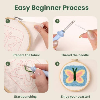 Kukovaya Punch Needle Kit for Beginners & Adults; Complete DIY Embroidery 6-Coaster Kit with Printed Fabric, Yarn, Needle, Hoop & Guide Easy Craft Kit for Home Decor, Gifts & Stress Relief - Image 6