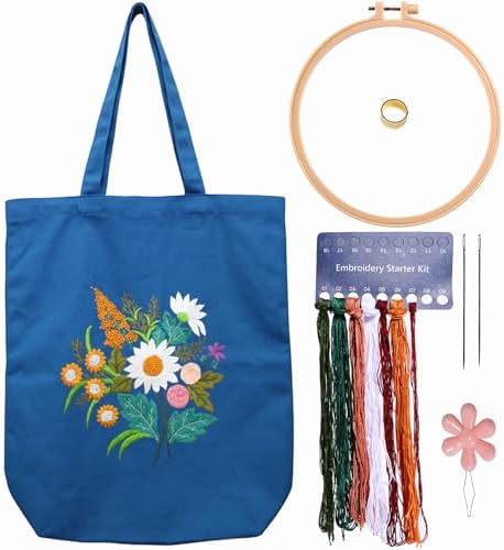 Canvas Tote Bag Embroidery Kit with Pattern for Beginners, Arts and DIY Embroidery Crafts Kits for Adults, Instructions, thimble, Embroidery Hoops, Color Threads (darkblue, CR002 chenhuicaoxin) by Unknown