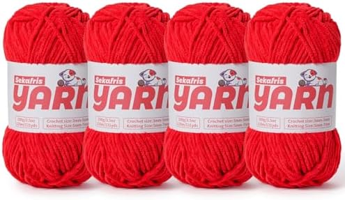 4 Pack Plush Chunky Chenille Yarn for Crocheting, Soft Fluffy Velvet Yarn for Crocheting Amigurumi, Fuzzy Baby Blanket Knitting 400g/524yds Bulky(4 Red) by Sekafris