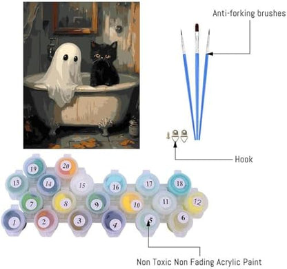 Clendo Halloween Paint by Numbers Kit for Adults, Ghost Oil Painting by Numbers with Brushes, Black Cat Art and Crafts Canvas Kit for Beginner Home Decor 16x20 inch / 40x50 cm - Image 3