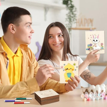 Soulchen 60 Pcs Large Easter Painting Crafts for Kids 4.7 x 3.9 Inch Unfinished Wood to Paint for Adults Bulk DIY Wooden Arts Kit for Coloring Bunny Eggs Flowers Ducks Crafts with 12 Crayons - Image 4