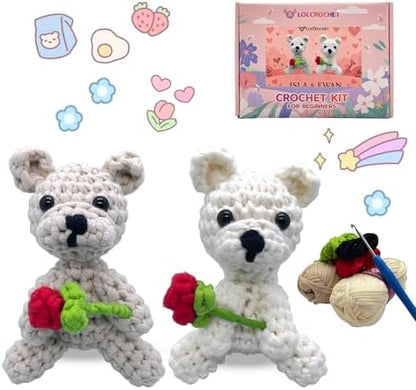 Crochet Kit for Beginners, Learn Crochet Animal Kit, Include Video Tutorial & Manual, Easy Knitting Yarn for Adult & Kid 12+, DIY Valentine's Holiday Gift Idea(2pcs Westie Puppy) by LOLCROCHET