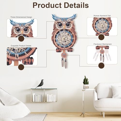 Kosmickiss 3D Puzzles for Adults, Wooden Owl Wall Clock with Pendulum - Image 2