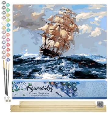 Figured'Art Paint by Numbers Kit for Adults Sailboat and Storm 16"x20" - Craft Art Painting Rolled Canvas with DIY Wooden Frame by FiguredArt
