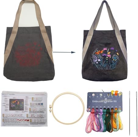 VWV-Whizzing Embroidery Canvas Tote Bag DIY Kit for Beginners, Complete with Pattern, Hoops, Color Threads, Tools & Detailed Instructions for Adults (15X16.5(in) Grey) by Unknown