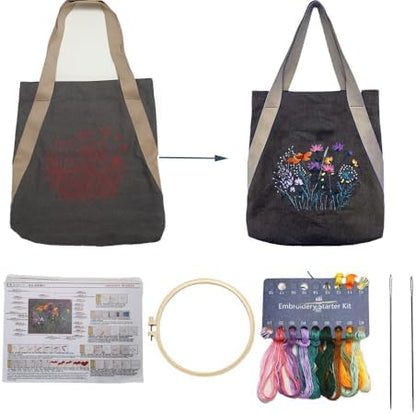 VWV-Whizzing Embroidery Canvas Tote Bag DIY Kit for Beginners, Complete with Pattern, Hoops, Color Threads, Tools & Detailed Instructions for Adults (15X16.5(in) Grey) by Unknown