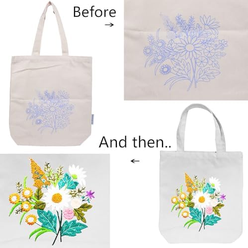 CREAWONDER Canvas Tote Bag Embroidery Kit with Pattern for Beginners, Arts and DIY Embroidery Crafts Kits for Adults, Include Instructions, Thimble, Embroidery Hoops, Color Threads and Tool - Image 5