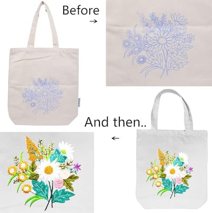 CREAWONDER Canvas Tote Bag Embroidery Kit with Pattern for Beginners, Arts and DIY Embroidery Crafts Kits for Adults, Include Instructions, Thimble, Embroidery Hoops, Color Threads and Tool - Image 5
