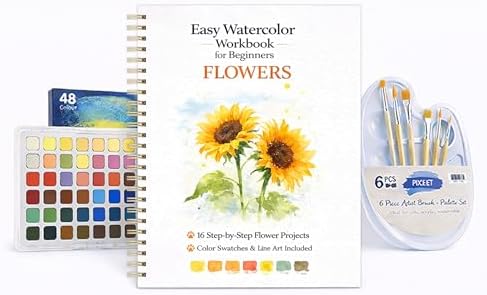 Watercolor Workbook for Beginners – Flowers, 16 Original Watercolor Projects, Watercolor Kit with 48 Colors Paint Set, 6 Brushes & Palette,Watercolor Workbook for Adults, Creative Art Gift by Unknown