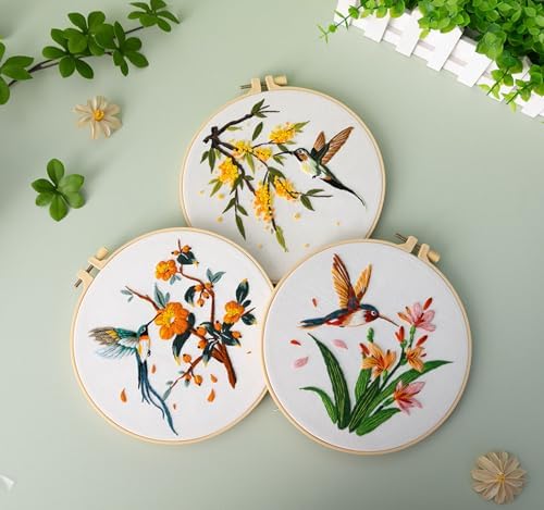 GLTAYLMY 3 Pack Embroidery Kits for Adults, Hummingbird and Flower Embroidery Kit for Beginners with Clear Instructions,1 Plastic Embroidery Hoops, Stamped Patterns, Colorful Threads, Tools - Image 4