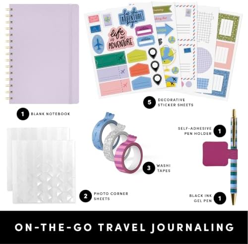 PAPERAGE Travel Journal Kit, Travel Notebook & Scrapbook Set, Hardcover Blank Spiral Notebook, 5 Sticker Sheets, 2 Photo Corners, 3 Washi Tapes & Black-Ink Gel Pen with Pen Holder - Lavender - Image 2
