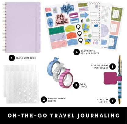PAPERAGE Travel Journal Kit, Travel Notebook & Scrapbook Set, Hardcover Blank Spiral Notebook, 5 Sticker Sheets, 2 Photo Corners, 3 Washi Tapes & Black-Ink Gel Pen with Pen Holder - Lavender - Image 2
