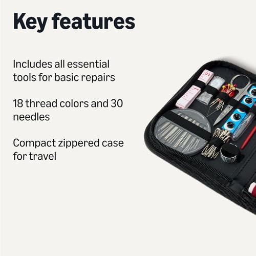 Amazon Basics Portable Travel Sewing Kit for Adults, Includes Threads, Needles, Scissors, Buttons, Thimbles, Measuring Tape, Threader, Seam Ripper and Safety Pins, Black - Image 2