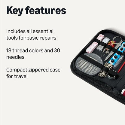 Amazon Basics Portable Travel Sewing Kit for Adults, Includes Threads, Needles, Scissors, Buttons, Thimbles, Measuring Tape, Threader, Seam Ripper and Safety Pins, Black - Image 2