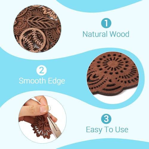 Elecrelive 12 Pairs Filigree Wood Dangle Earring Kits Leaf Teardrop Cactus Baseball Rugby Wooden Earring Pendants Saddle Brown with Ear Wires for Jewelry Craft Making - Image 2