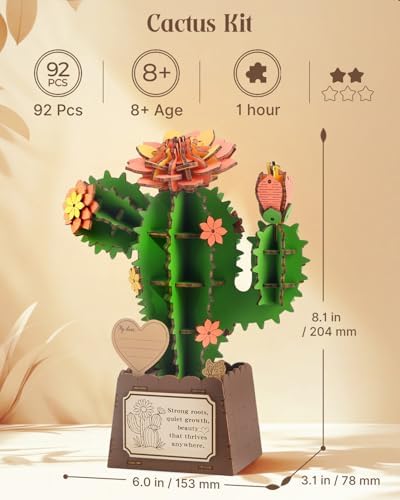 KAAYEE 3D Puzzles for Adults Cactus Potted, 92 Pcs Wooden Puzzle DIY Handcraft Kit, Succulent Flower Series Home Office Decor, Gift for Friends Family Elders Birthday Housewarming - Image 7