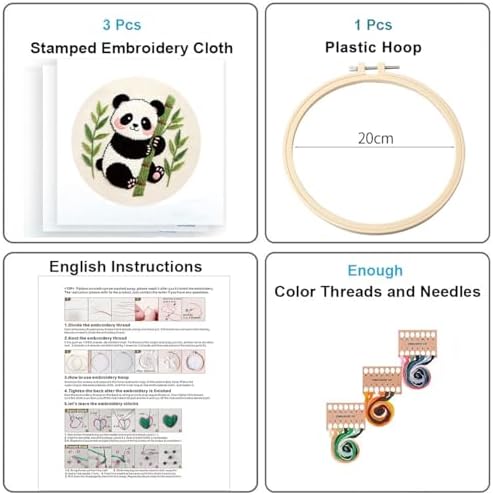 Konrisa Panda Embroidery Starter Kit for Beginners, Cross Stitch Kit with 3pcs Embroidery Pattern, DIY Sewing Project Adult Needlepoint Kit with Hoop, Set of 3 - Image 2