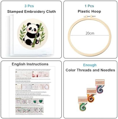 Konrisa Panda Embroidery Starter Kit for Beginners, Cross Stitch Kit with 3pcs Embroidery Pattern, DIY Sewing Project Adult Needlepoint Kit with Hoop, Set of 3 - Image 2