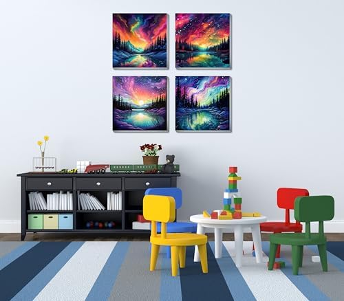 FQOVKYN 4 Pack Landscape Paint by Number for Adults Framed Canvas, DIY Aurora Arts and Crafts for Adults Beginner with Paint Brushes, Acrylic Paint Set for Home Wall Decor, 8 * 8 Inch - Image 5