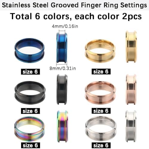 SUNNYCLUE 1 Box 12Pcs Stainless Steel Ring Blanks US Size 7 Grooved Finger Rings Blue Black Golden Ring Core Blank Ring Cores Round Groove Empty Inlay Ring Blanks for Resin Crafts Jewelry Making Kits - Image 2