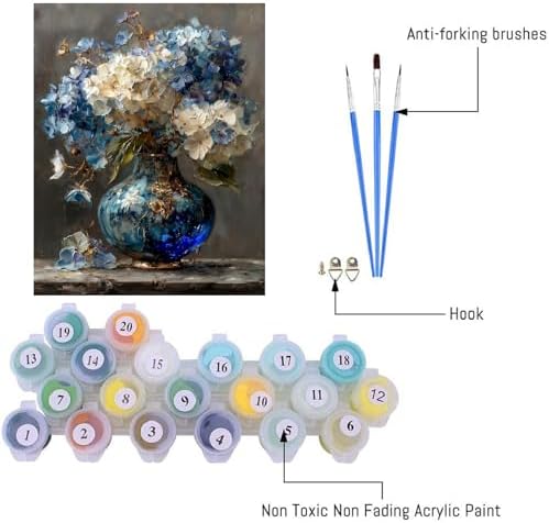 pchmcu Hydrangea in Glass Vase Paint by Numbers Kits for Adults,Blue and White Flowers Paint by Number for Adults Beginner, Paint by Numbers Kits on Canvas Frameless for Home Wall Decor 16x20inch - Image 4