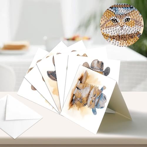 Tontut 6pcs Diamond Painting Kit Greeting Card, Cat 5D DIY Diamond Handmade Holiday Greeting Card with Envelope, Christmas Gift Congratulation - Image 4