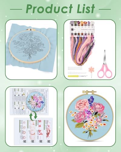 ERKOON Embroidery Kit for Beginners, Flower Cross Stitch Set for Include Embroidery Cloth Hoops Threads for Craft Lover Hand Stitch with Embroidery Skill Techniques (Bouquet) - Image 2