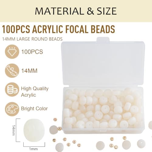 100Pcs 14mm Large Acrylic Beads for Jewelry Making, Chunky Marbled Round Focal Beads Bulk Set with Spacer Beads for DIY Bracelets Necklaces Keychains Bag Charms (White) - Image 4