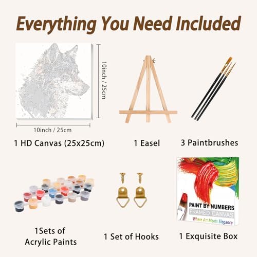 AUKELHJ Framed Paint by Numbers Kit for Adults, Wolf, 10x10 inch - Image 5
