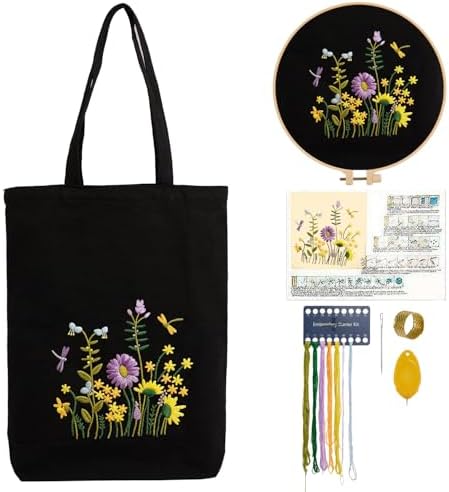 CREAWONDER Canvas Tote Bag Embroidery Kit with Pattern for Beginners, Arts and DIY Embroidery Crafts Kits for Adults, Include Instructions, Embroidery Hoops, Color Threads and Tool by Unknown