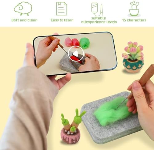 15 Pieces Succulent Plants Needle Felting Kit, Wool Felting Kit with Pad, Finger Cots, Needle, Wooden Felting Tool, Instruction, Needle Felt Start Kit Supplies for Beginners Adult DIY (15 Pieces) - Image 4