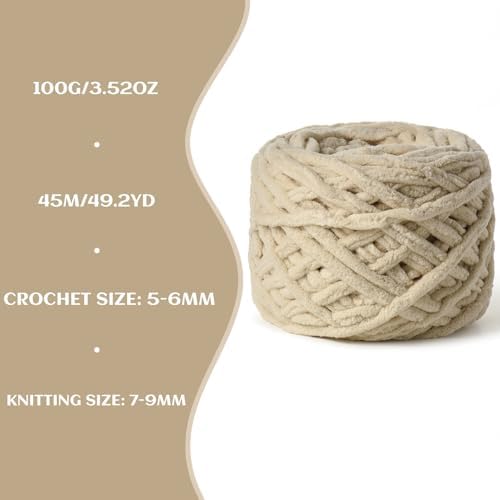 Plush Chenille Chunky Yarn 100g (49.2yd) - Fluffy Velvet Yarn Crochet for Blanket Knitting and Crocheting - Baby Yarns for Crocheting Soft - Amigurumi Yarns (Beige) - Image 3