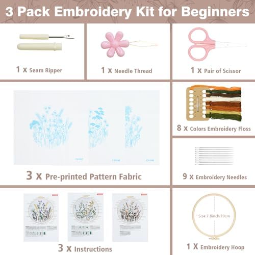RidaaFri Embroidery Kit for Beginners, 3 Set Flower Pattern Practice Kits - Image 3