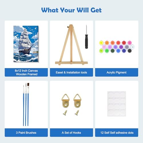 MOGTAA Ship Landscape Paint by Numbers Kit for Adults Beginners with Frame, Seagulls and Sea Adult Paint by Number Kits on Canvas with Easel, Easy DIY Oil Painting Kits for Home Decor, 8x12in - Image 5