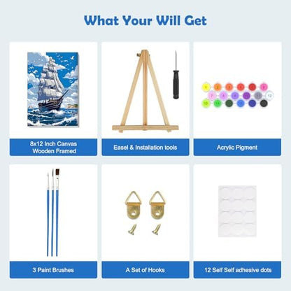 MOGTAA Ship Landscape Paint by Numbers Kit for Adults Beginners with Frame, Seagulls and Sea Adult Paint by Number Kits on Canvas with Easel, Easy DIY Oil Painting Kits for Home Decor, 8x12in - Image 5