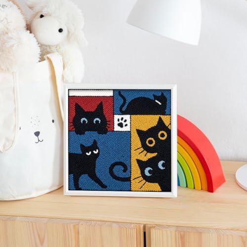 DOODLREAM Color Black Cat Needle Kit for Beginner, 9.4"x 9.4" Modern Pet Punch Stitching Craft Set, DIY Embroidery Starter with Printed Frame, Instruction, Threader, Yarn, Punch Needle - Image 6