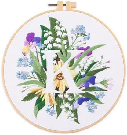 IUHUI Embroidery Kit for Beginners Adults - 26 Floral Letters Easy Patterns, DIY Hand Stitching Embroidery Set with Hoop (Flower and Grass Letter K) by Unknown