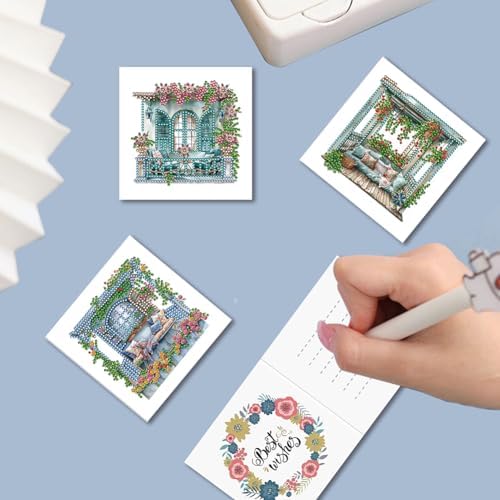 6 Pcs Window Terrace Sofa Flower Diamond Art Greeting Cards for Adults & Beginners, DIY Crystal Rhinestone Gem Art Painting Kit with Envelopes, Creative Craft Gift for Birthday Wishes Party Favors - Image 3