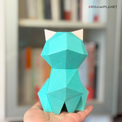 3D Origami Paper Craft Kit, Moonlit Kitten Cute DIY Pre-Cut Animal Papercraft Model for Beginners, Fun Handmade Home Decoration Gift for Adults & Teens-Green - Image 3