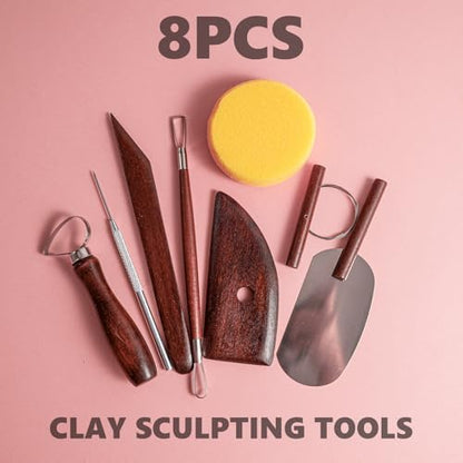 8PCS Stained Wooden Pottery Sculpting Tools, Wood Clay Cleaning Tool Set, Ceramic Modeling Tool for Carving, Molding, Cutting, Trimming, Pottery Wheel, Crafting, Beginners, Adults, Students - Image 6