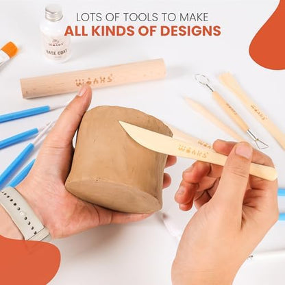 Wonks Air Dry Clay Pottery Kit for Adults & Kids - 30 Piece Kit - Acrylic Paint & Sculpting Tools Included - Carving Tools, Sponge & More - A Complete Beginners Pottery Set - 2KGs of Clay Included - Image 4