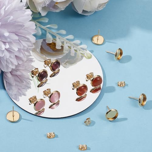 Beebeecraft 1 Box 50Pcs Post Stud Earring Findings 18K Gold Plated Round Prong Blank Earring Cabochon Settings with 8mm Tray and 50Pcs Ear Nuts for DIY Earrings Jewelry Making - Image 3