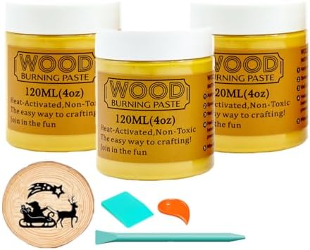 JAJADO 3 Jars Wood Burning Paste with 2 Squeegee, 4 OZ Wood Burning Gel Etching Cream Heat Activated Paste for Craft Wood Slice, Denim, Canavas, Wood Burning Marker Pen DIY Art Craft Tool by JAJADO