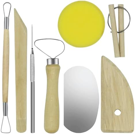 Evwoge 8-Piece Pottery Tool Set, Wooden Clay Sculpting Tools with Sponge, Wire Cutter and Modeling Tools for Ceramics by Evwoge