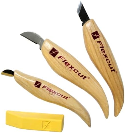 FLEXCUT Wood Carving Knives | Chip Carving Set | 1095 High Carbon Steel Blades | Ergonomic Ashwood Handle | Set of 3 Woodcarving Tools | KN115 | Made in the U.S.A. by Flexcut