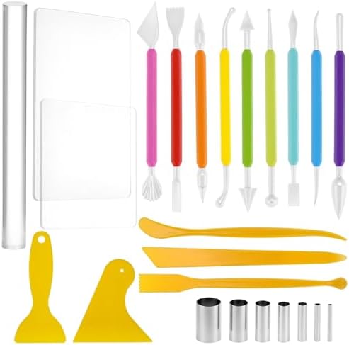 QWORK 24-Piece Clay Sculpting Tool Kit with Acrylic Roller, Sheets, Plastic Scraper, Stainless Steel Cutters, Polymer Clay Cutter Tools by QWORK