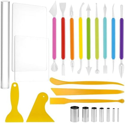 QWORK 24-Piece Clay Sculpting Tool Kit with Acrylic Roller, Sheets, Plastic Scraper, Stainless Steel Cutters, Polymer Clay Cutter Tools by QWORK