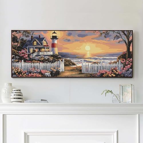 VAIIEYO Paint by Numbers Kit for Adults Sunset, Lighthouse Paint by Numbers, Large Size Painting Kit Canvas Drawing Paintwork for Beginner Arts Craft for Home Wall Decor 12x31 inch(Without Frame) by VAIIEYODiamondPainting