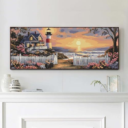 VAIIEYO Paint by Numbers Kit for Adults Sunset, Lighthouse Paint by Numbers, Large Size Painting Kit Canvas Drawing Paintwork for Beginner Arts Craft for Home Wall Decor 12x31 inch(Without Frame) by VAIIEYODiamondPainting